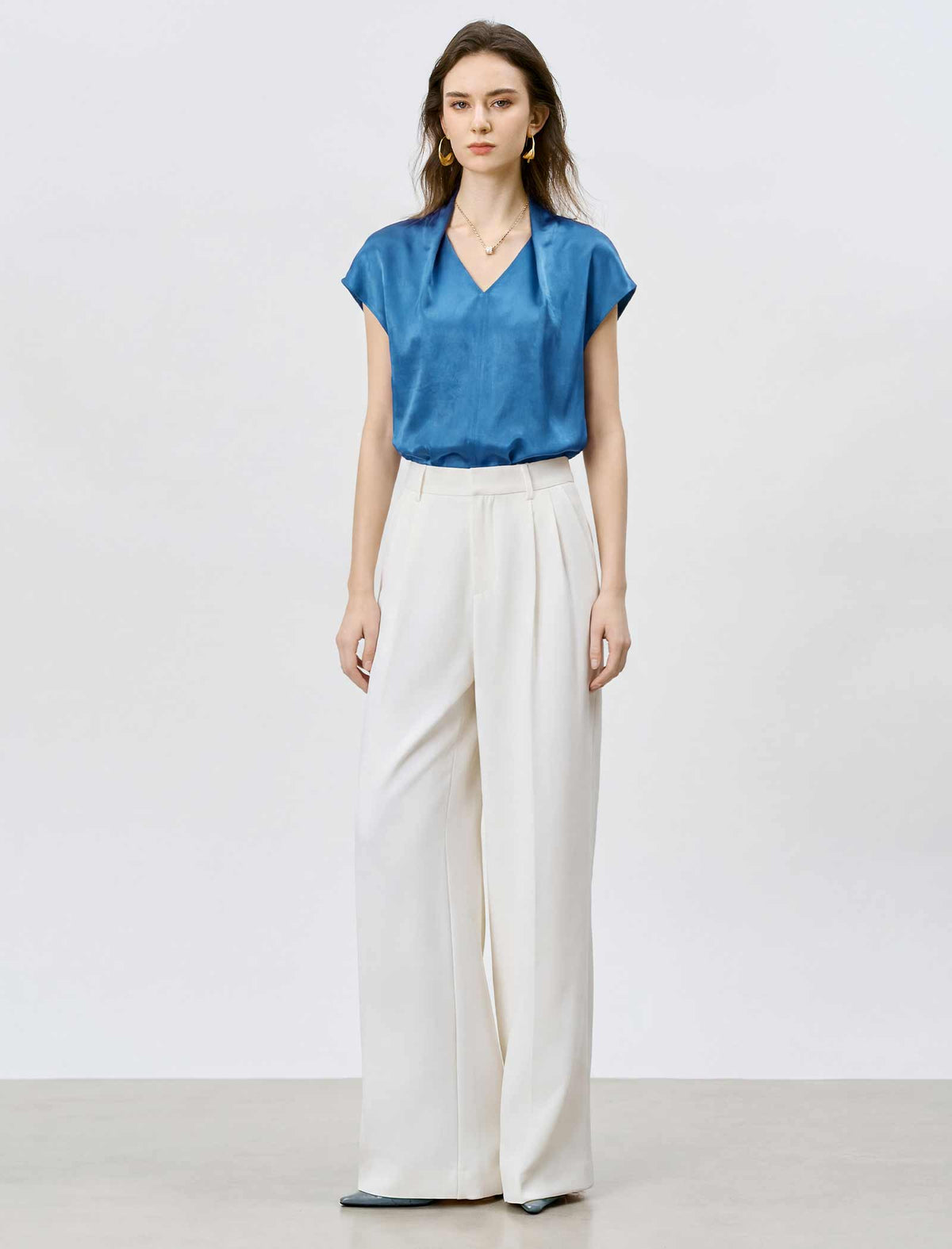 Acetate Satin V-Neck Cap Sleeve Blouse