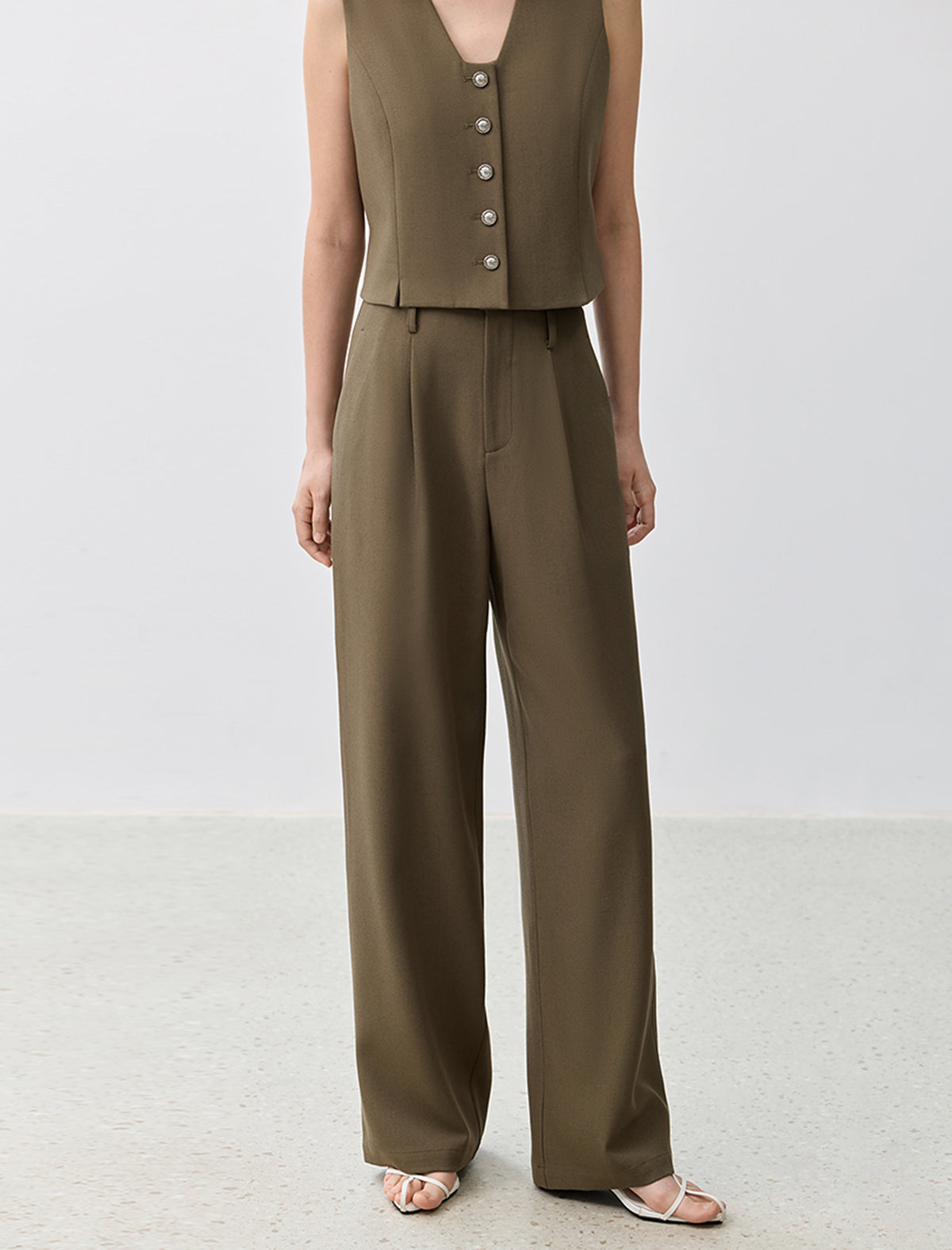 Linen Blend Wide-Leg Tailored Pants
