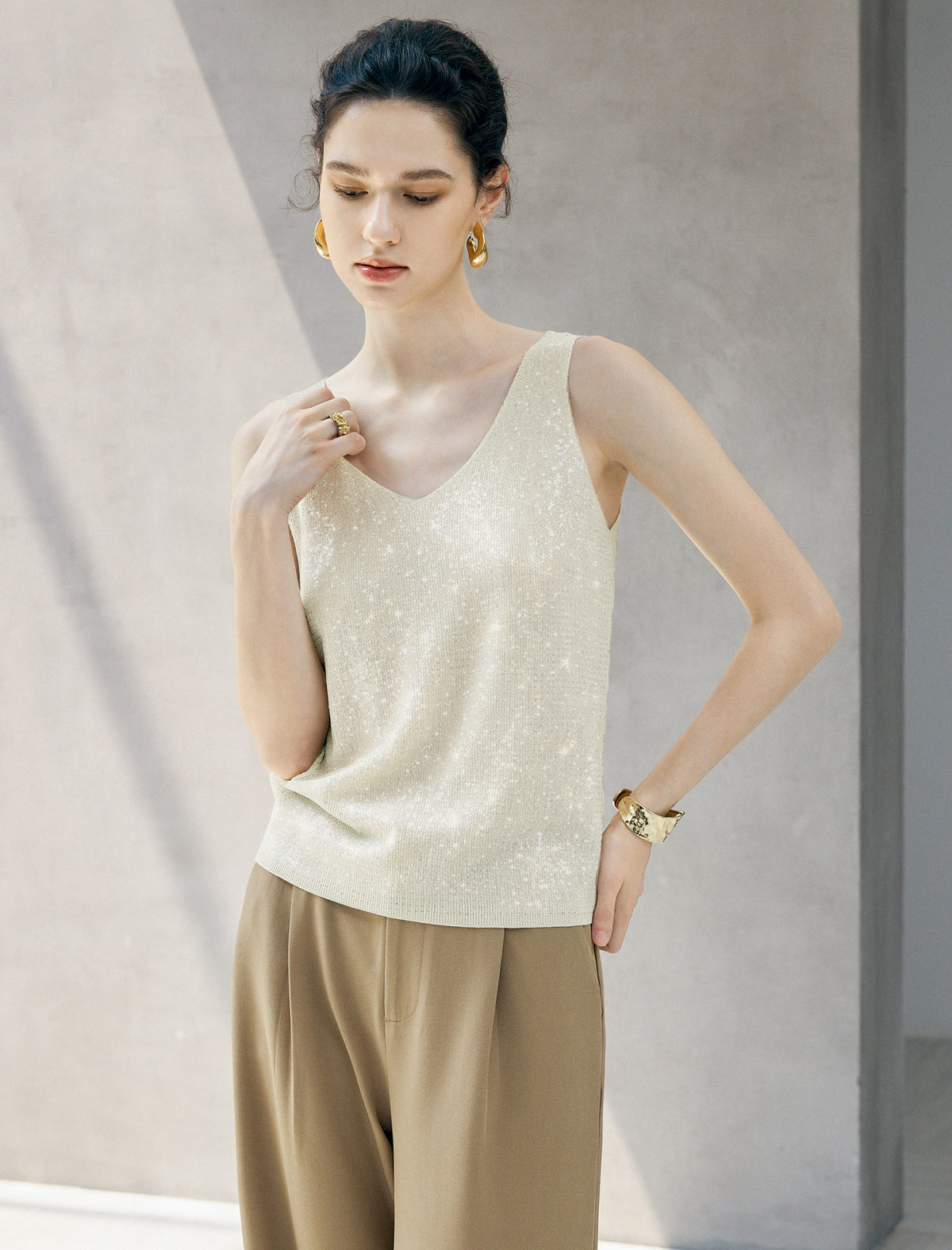V Neck Rhinestone Knit Tank Top