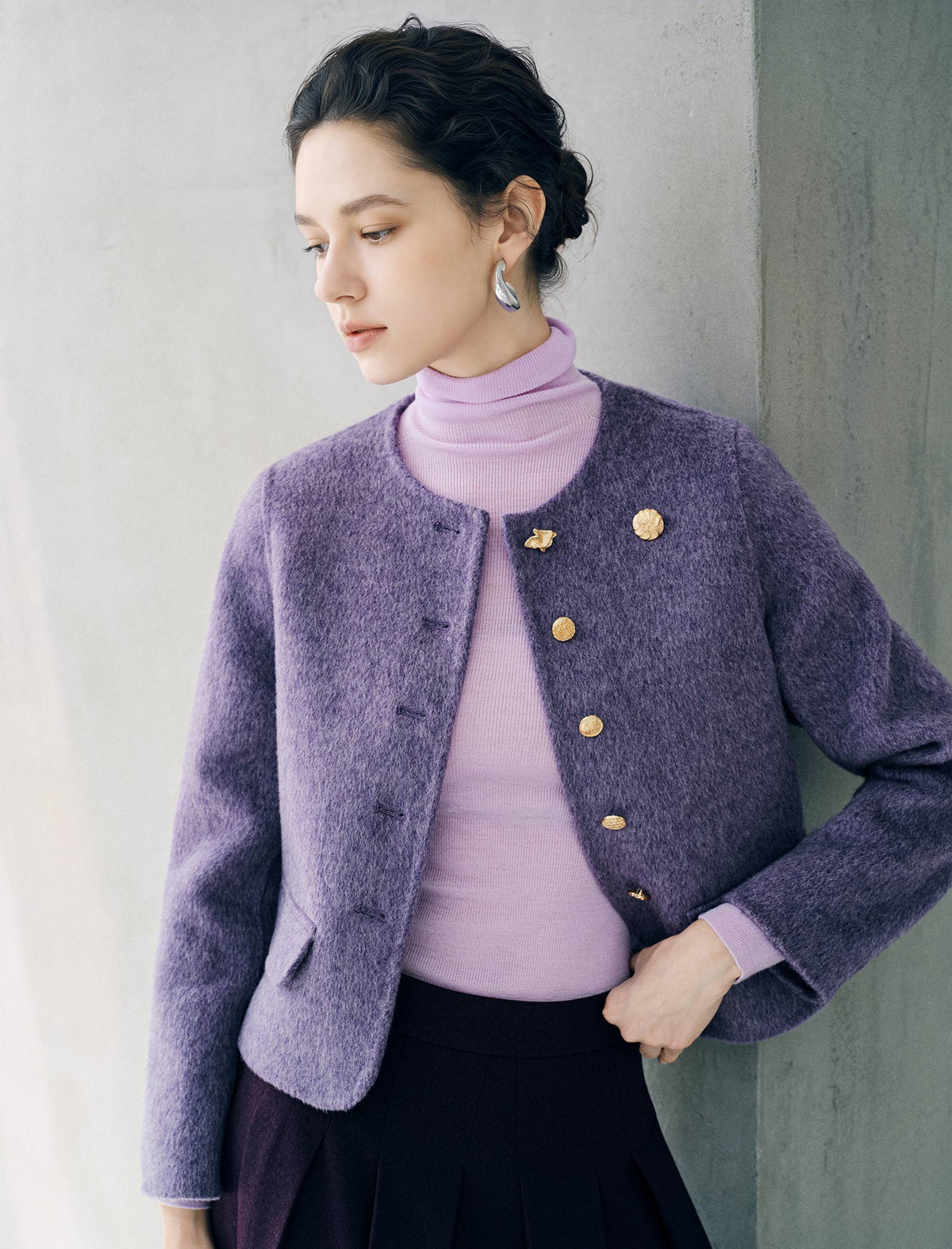 Wool Blend Round Neck Metal Button Cropped Jacket