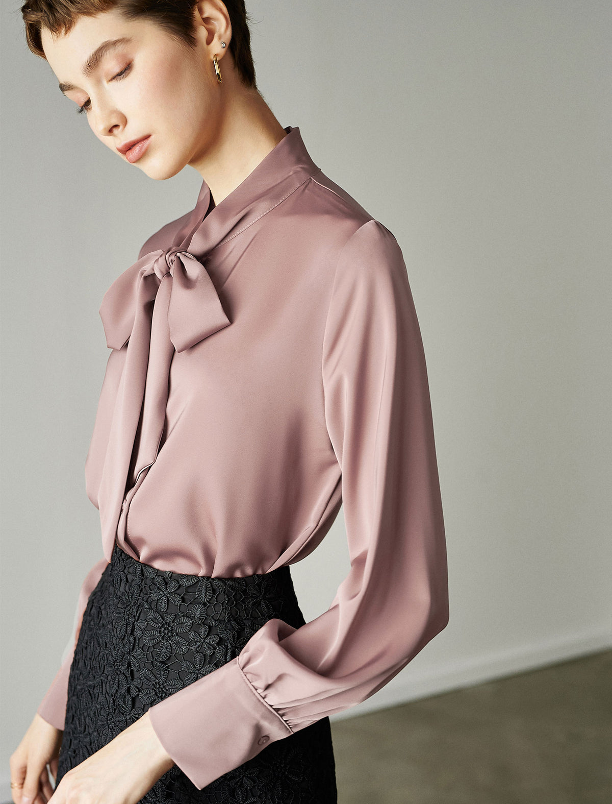 Satin Bow‑Tie Stand‑Collar Long‑Sleeve Blouse
