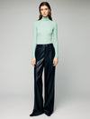 Wool Blend Fine Knit Ruched Turtleneck Long Sleeve Top