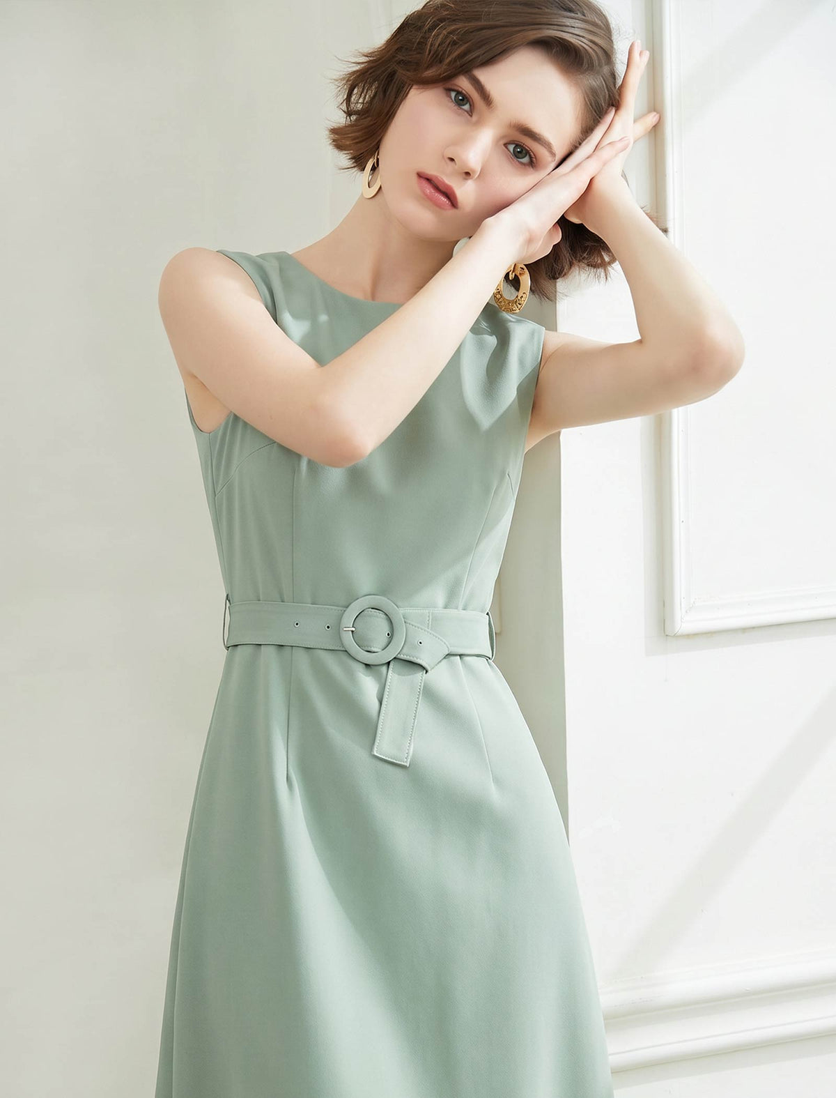 Sage Green Belted Sleeveless Midi Sheath Dress