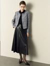 Plaid Tweed Jacket with Pearl Trim Collar