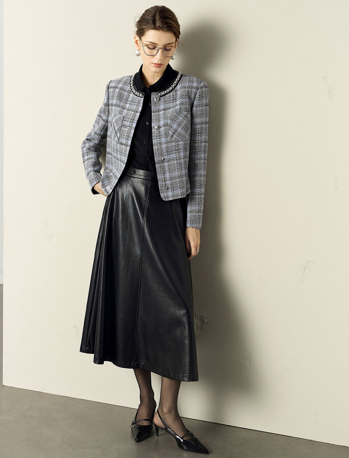 Plaid Tweed Jacket with Pearl Trim Collar
