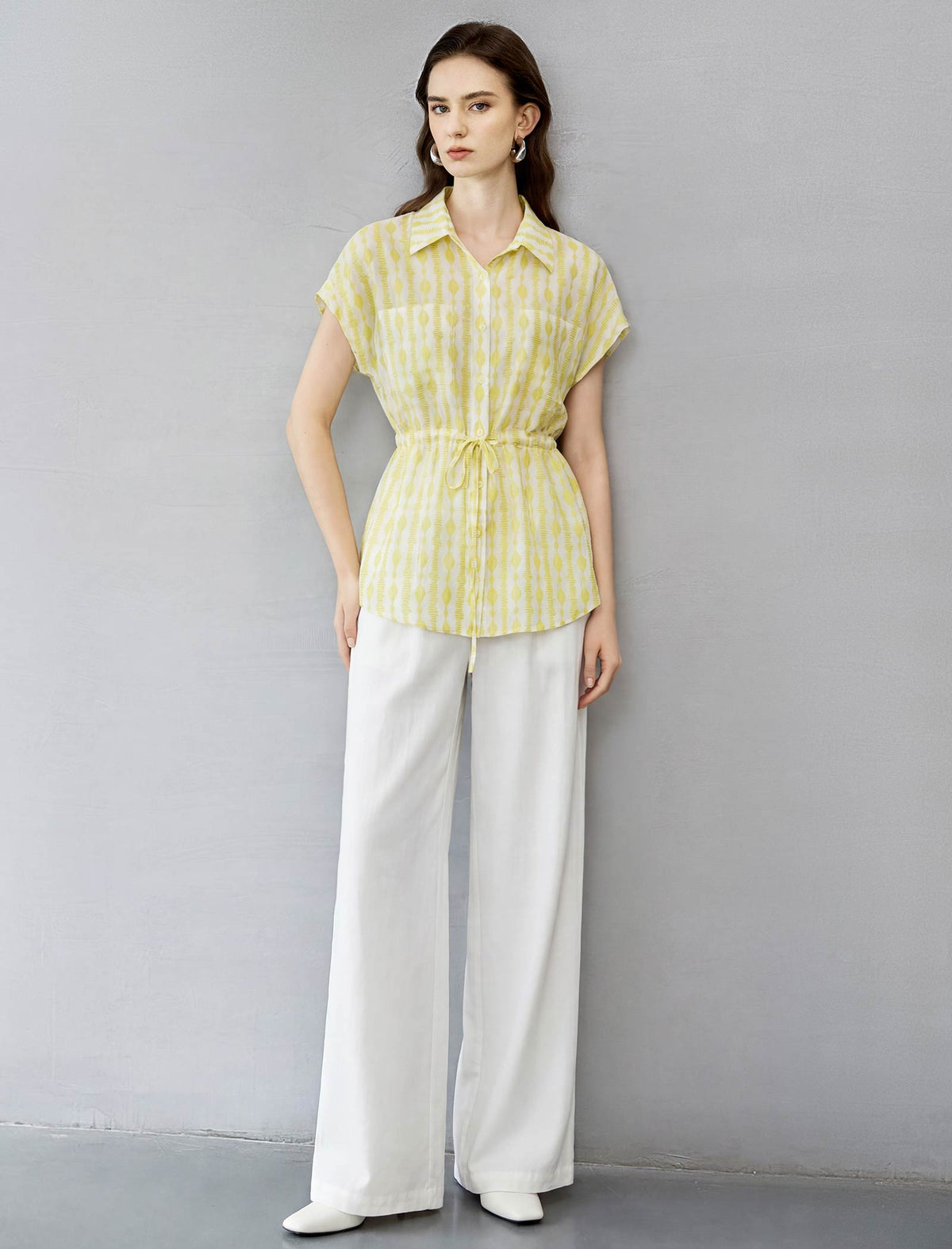 Yellow Geometric Print Tencel-Linen Drawstring Waist Blouse