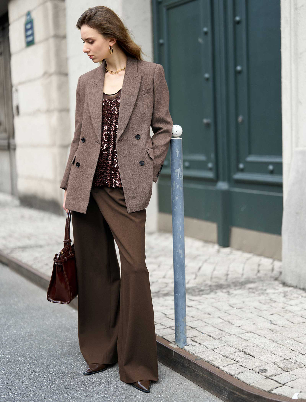 Coffee Wool-Blend Double-Breasted Blazer