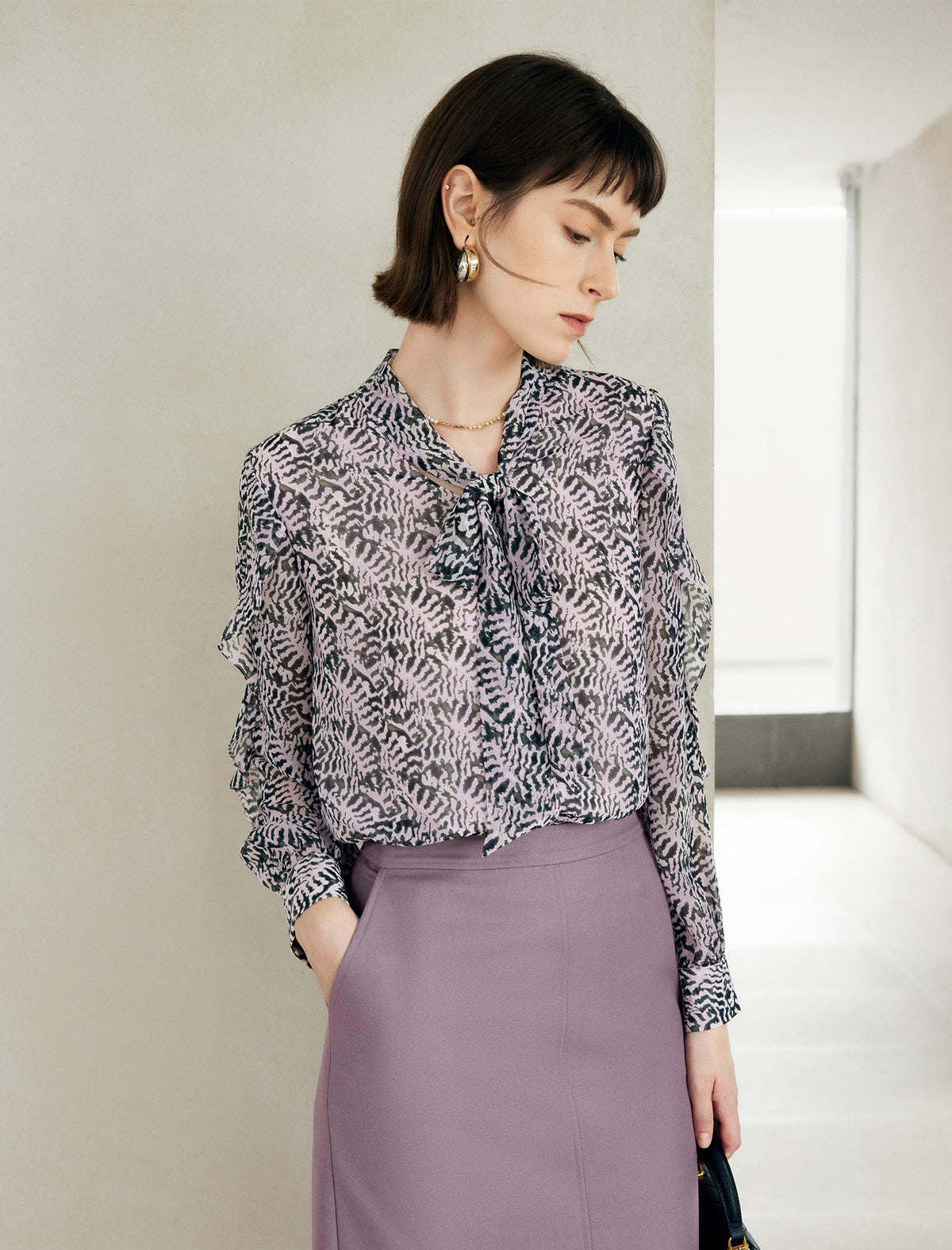 Bow Tie Detail Ruffle Sleeve Blouse