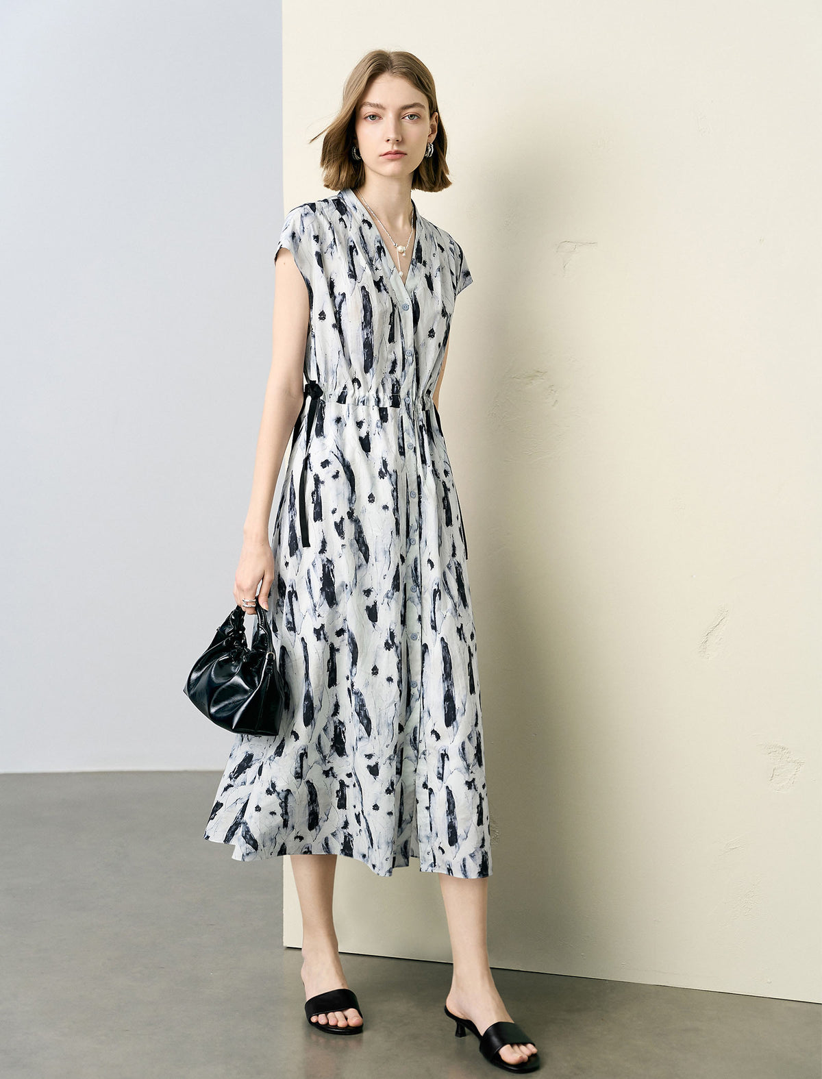 Abstract Print V-Neck Midi Dress