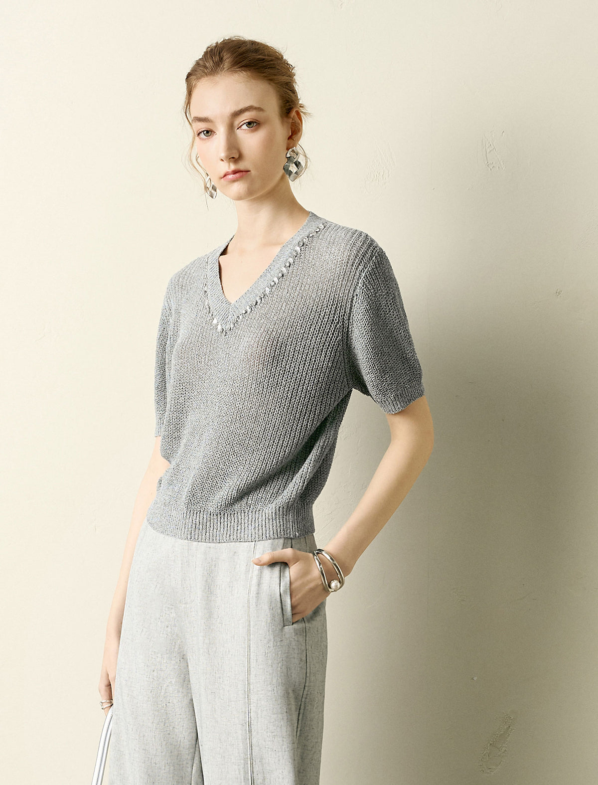 V-Neck Embellished Knit Top