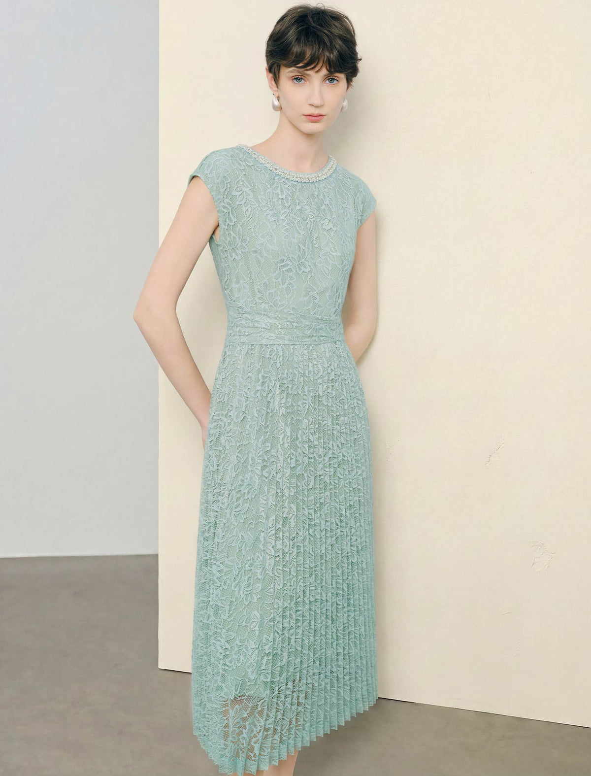Mint Green Lace Pleated Beaded Neckline Midi Dress