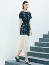 Two-Tone Black Lace Pleated Hem Midi Dress