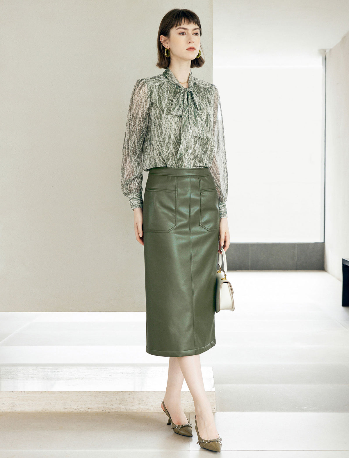 Olive Green Faux Leather Midi Skirt