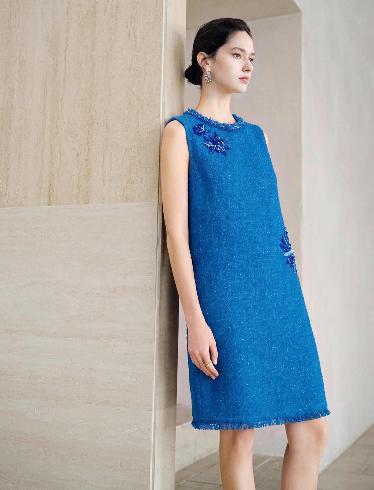 Cobalt blue wool blend featuring sequined floral dress