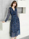 V-Neck Floral Print Long Sleeve Midi Dress