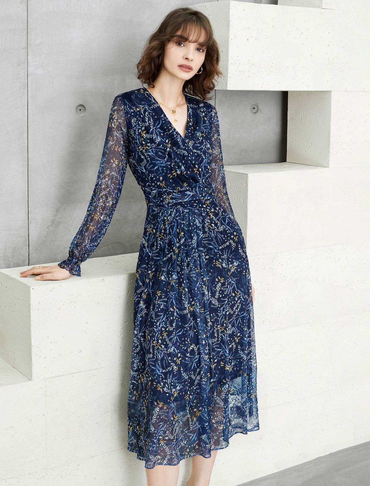 V-Neck Floral Print Long Sleeve Midi Dress