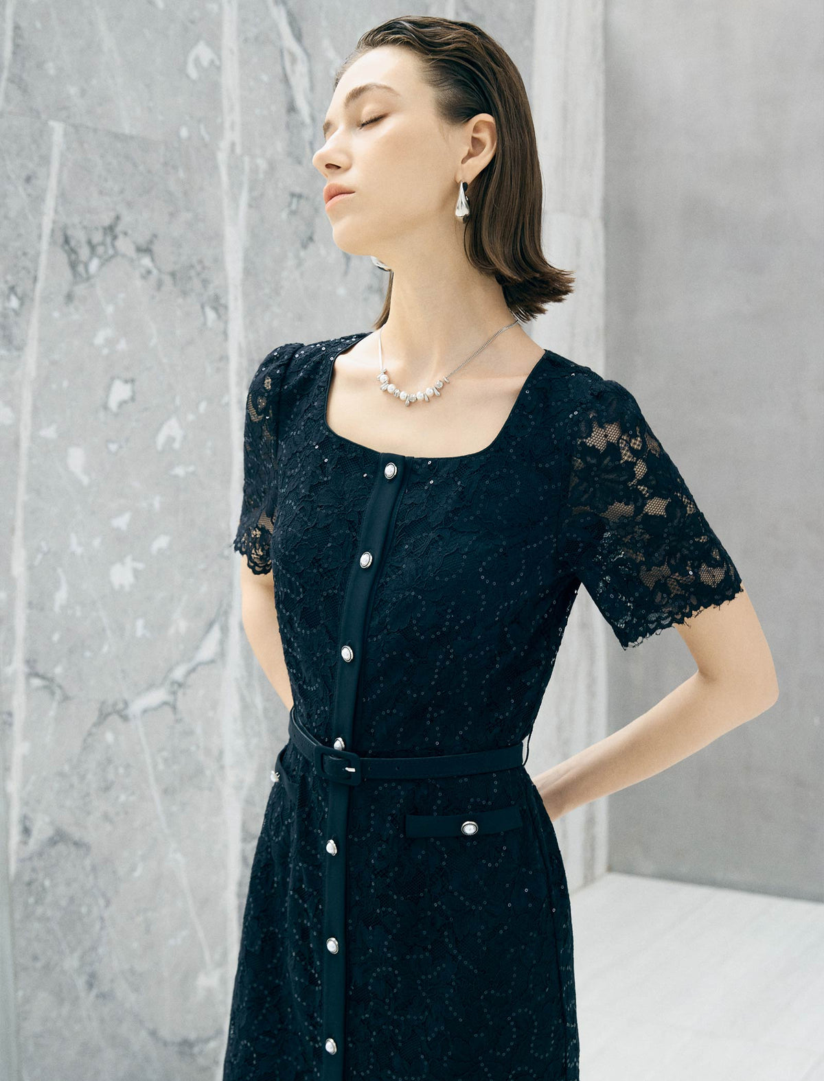 Black Lace Pearl Button Midi Dress