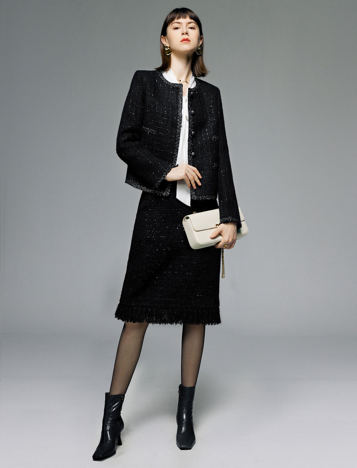 Wool Blend Tweed Midi Pencil Skirt