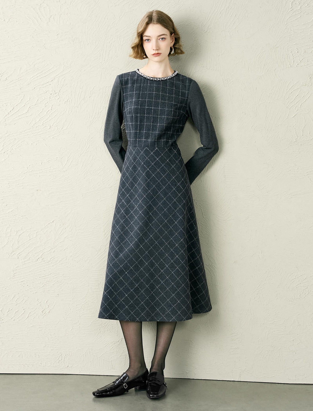 Plaid Wool-Blend Beaded Neckline Midi Dress