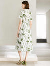 Green Floral Print Collared Short Sleeve Shirt Midi Dress