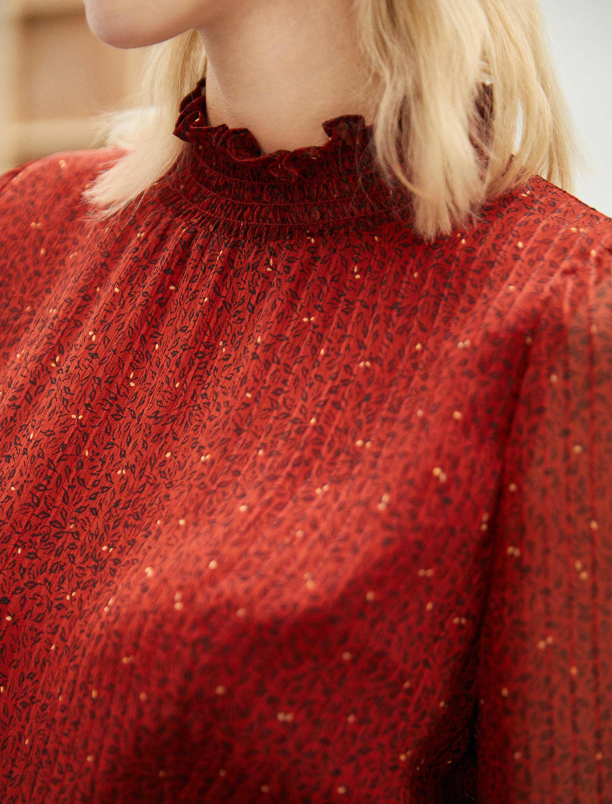 Rust Red Ruffled Neck Midi Dress