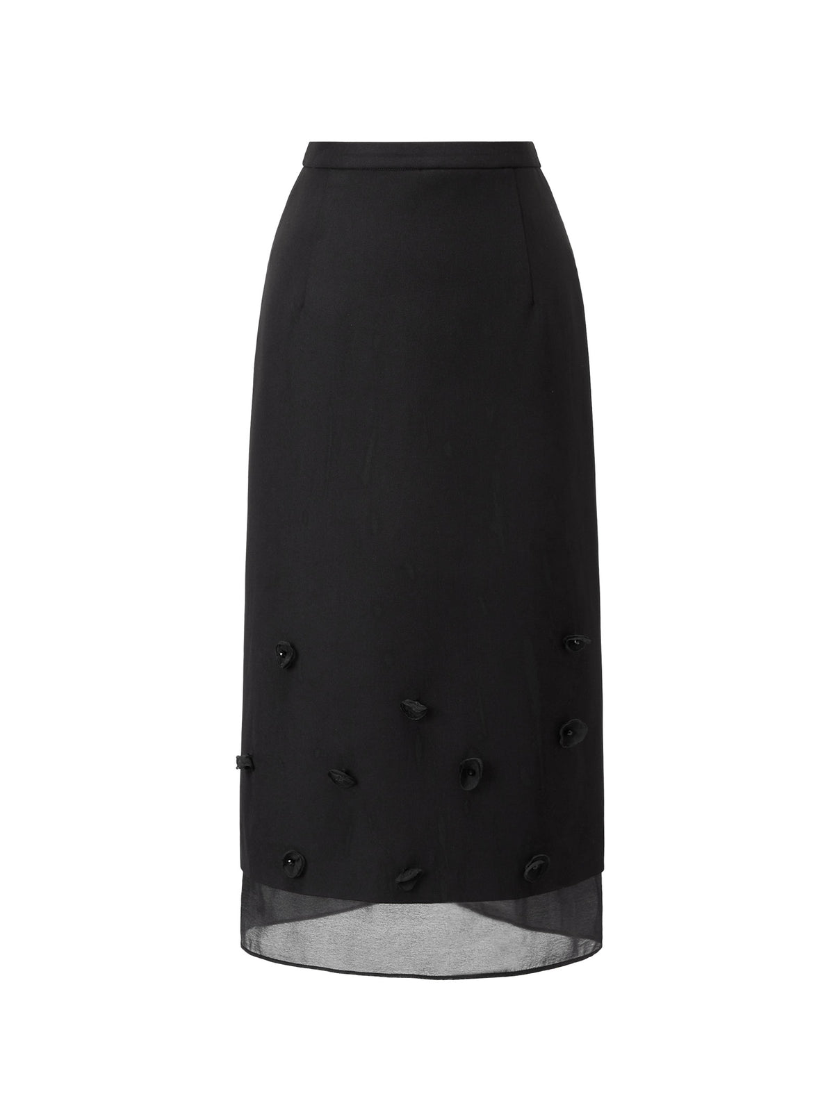 Navy 3D Floral Applique Mesh Hem High Waist Midi Skirt