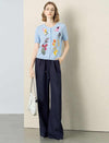 Sky Blue Floral Intarsia Short Sleeve Knit Cardigan Top