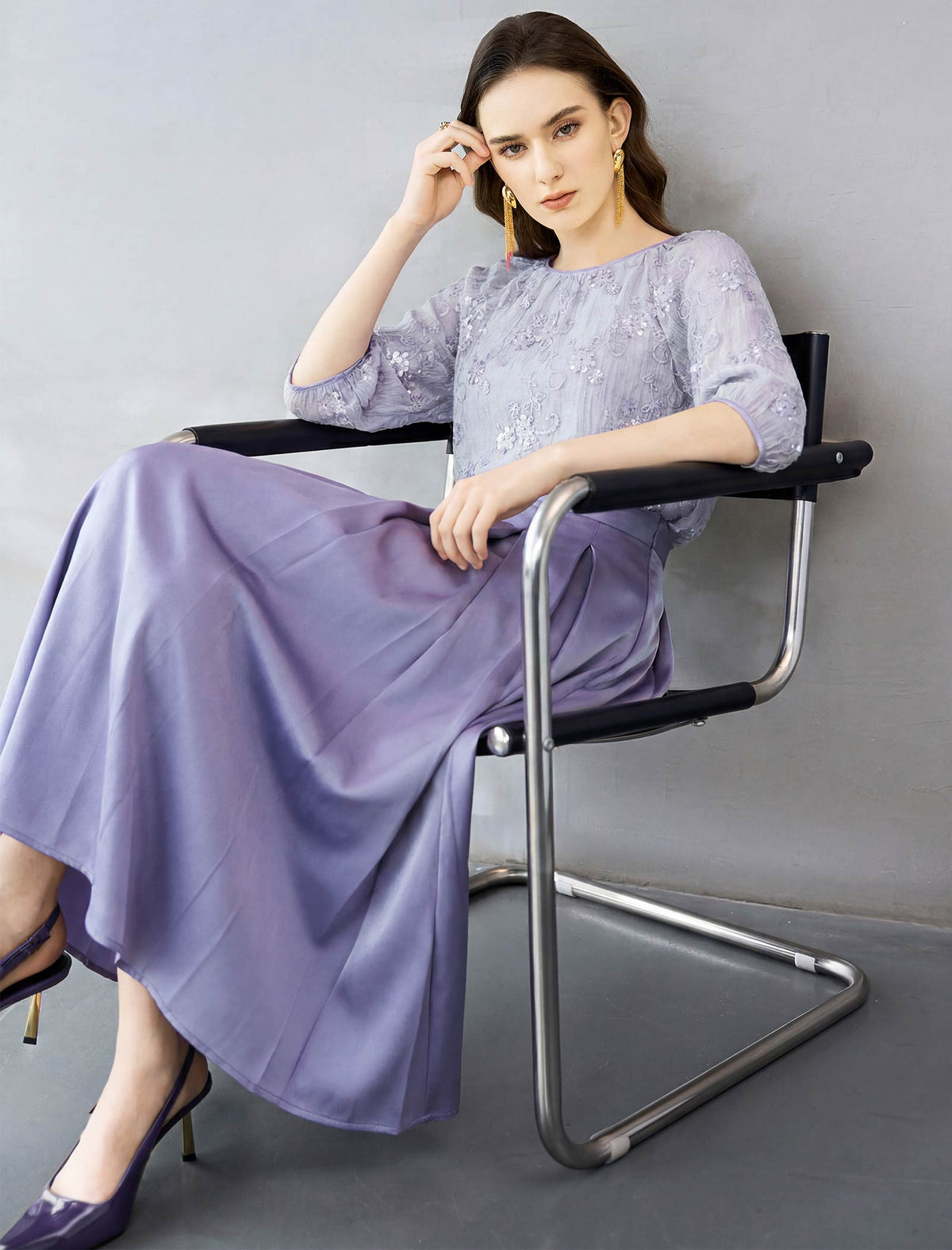 Lavender Floral Embroidery Puff Sleeve Sheer Blouse