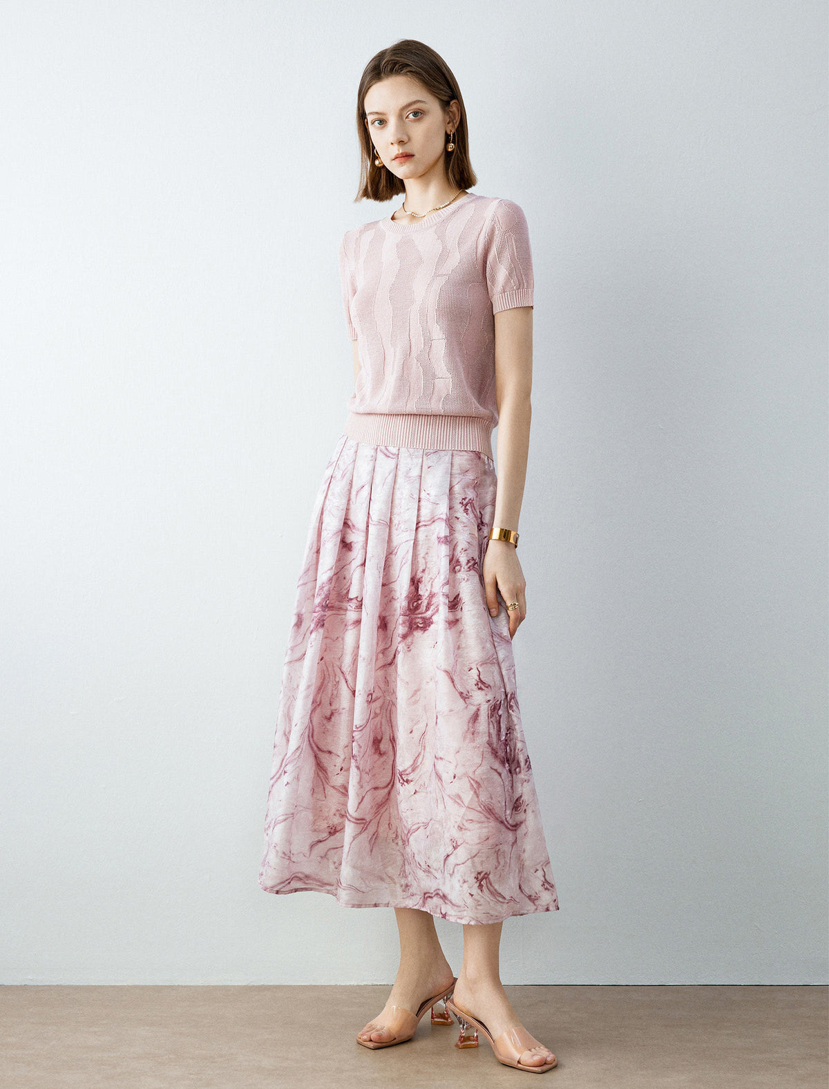 Pink Marble Print Pleated Midi Skirt