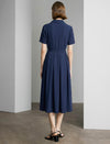 Navy Gold Zip Collar Belted Pleated Midi Shirt Dress