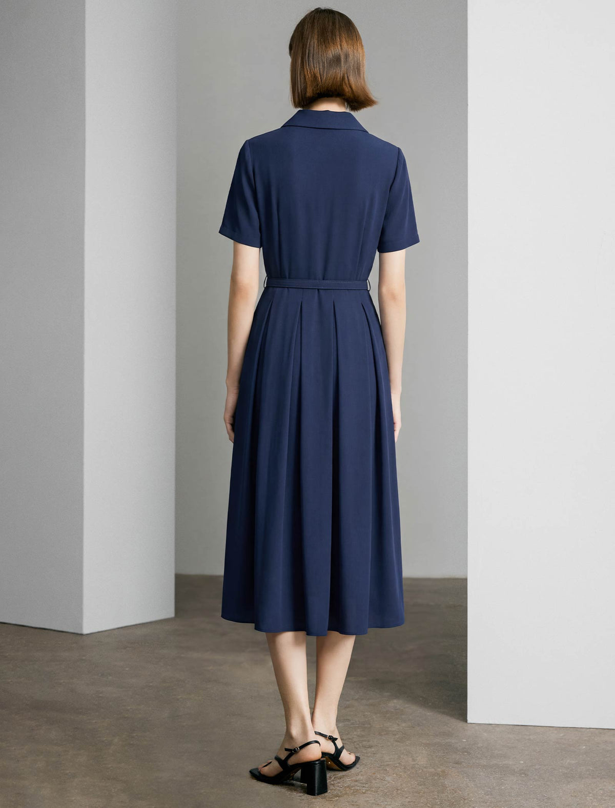Navy Gold Zip Collar Belted Pleated Midi Shirt Dress