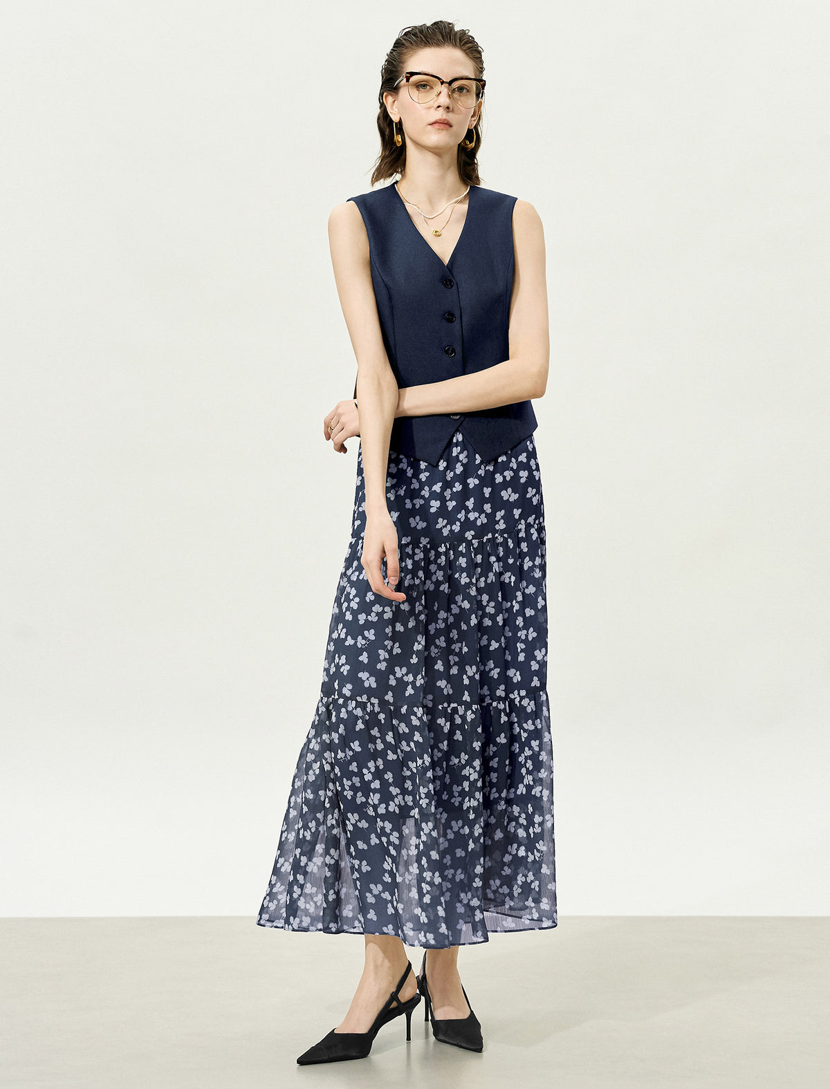 Floral Multi-Layered Midi Skirt