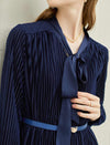 Navy Blue Tie Neck Pleated Midi Dress