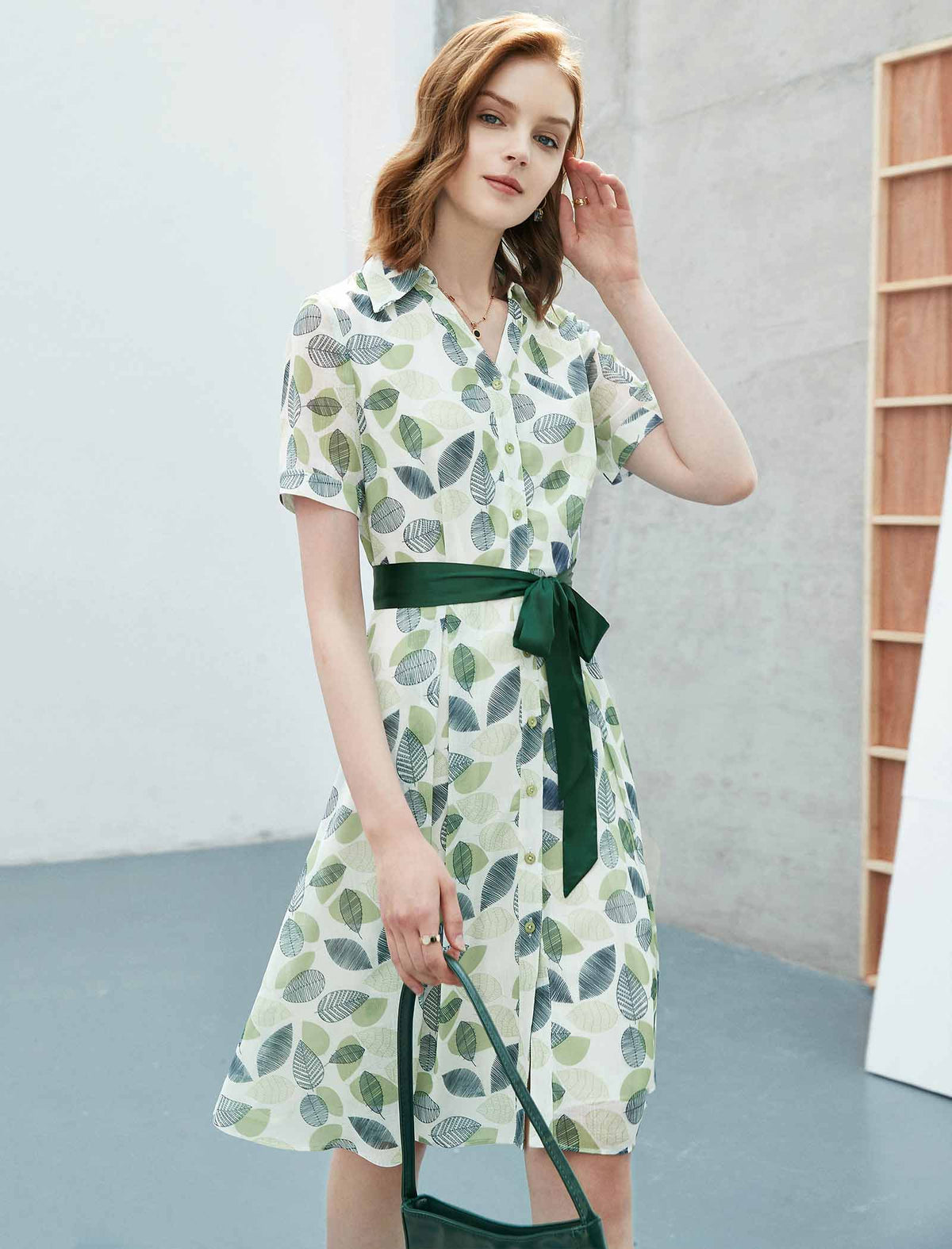 Green Leaf Print Shirt Dress with Satin Belt