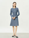 Textured Tweed Long-Sleeve A-Line Dress with Pearl Buttons