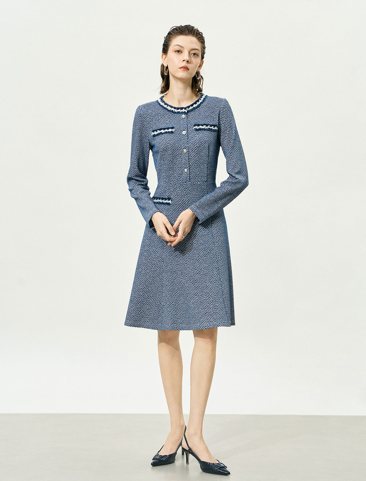Textured Tweed Long-Sleeve A-Line Dress with Pearl Buttons