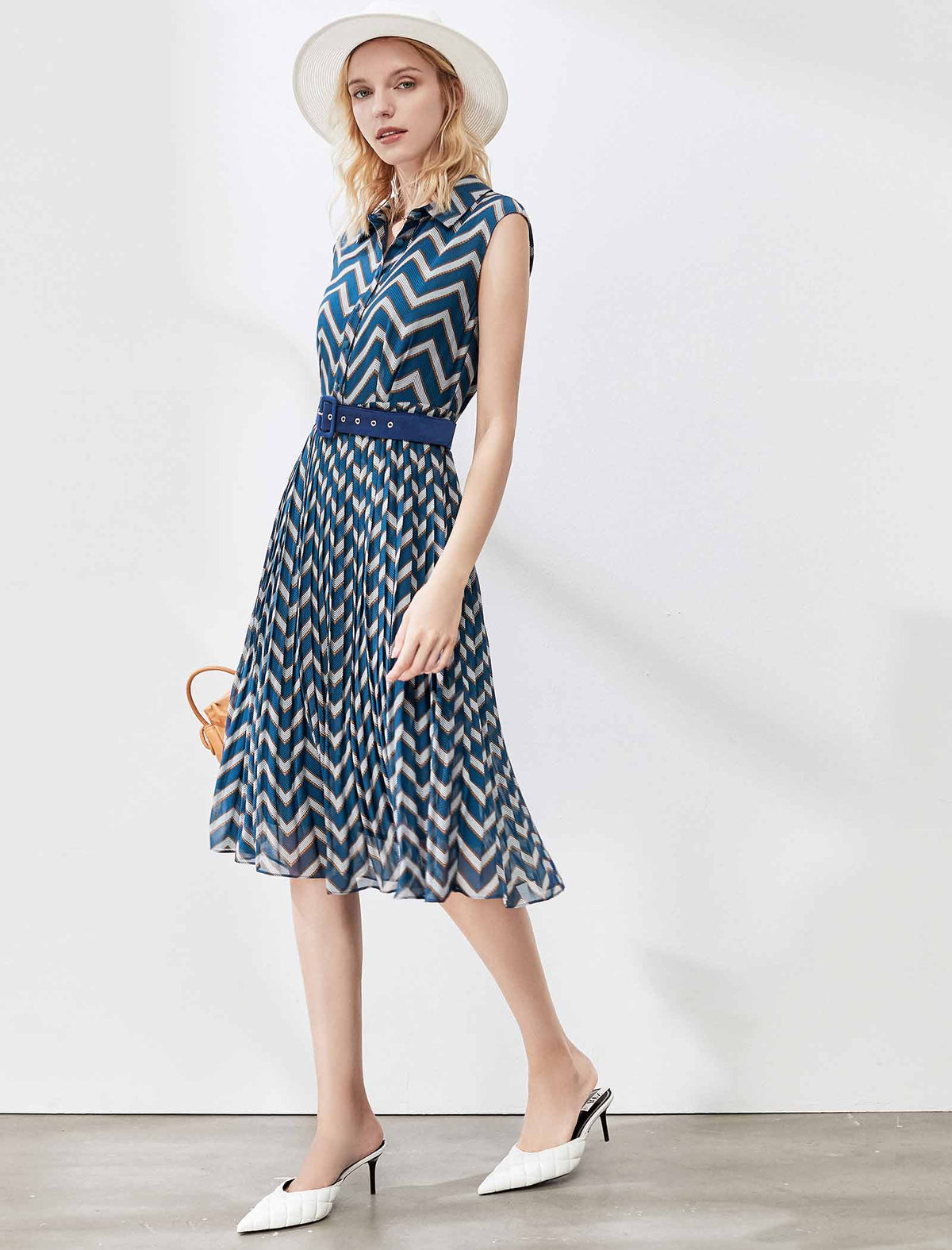 Striped Print Waist-Cinched Sleeveless A-Line Midi Dress