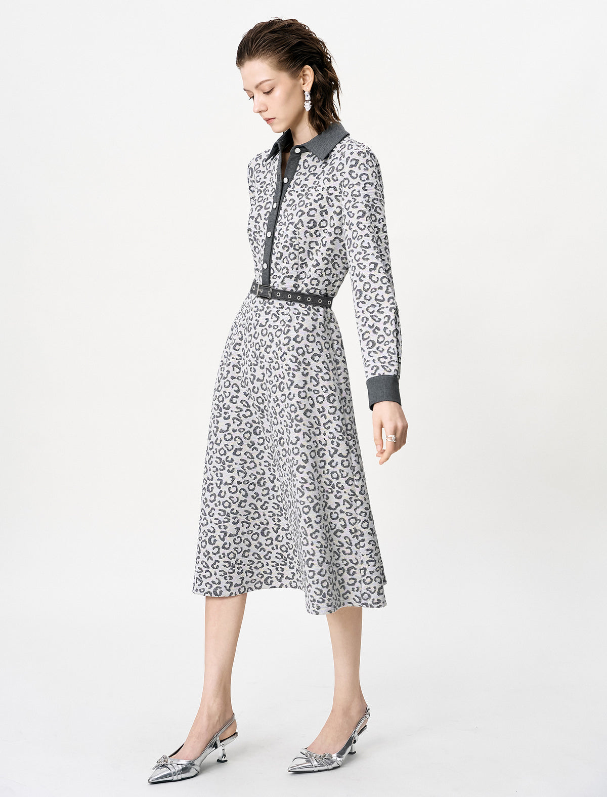 Abstract Print Belted Long Sleeve Midi Dress