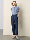 Stand‑Collared Striped Ruffle Short‑Sleeve Blouse
