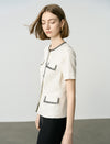 Elegant Black Trim Pearl Button Short Sleeve Jacket