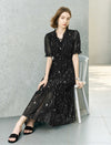 Black Splatter Print Ruffled Midi Dress