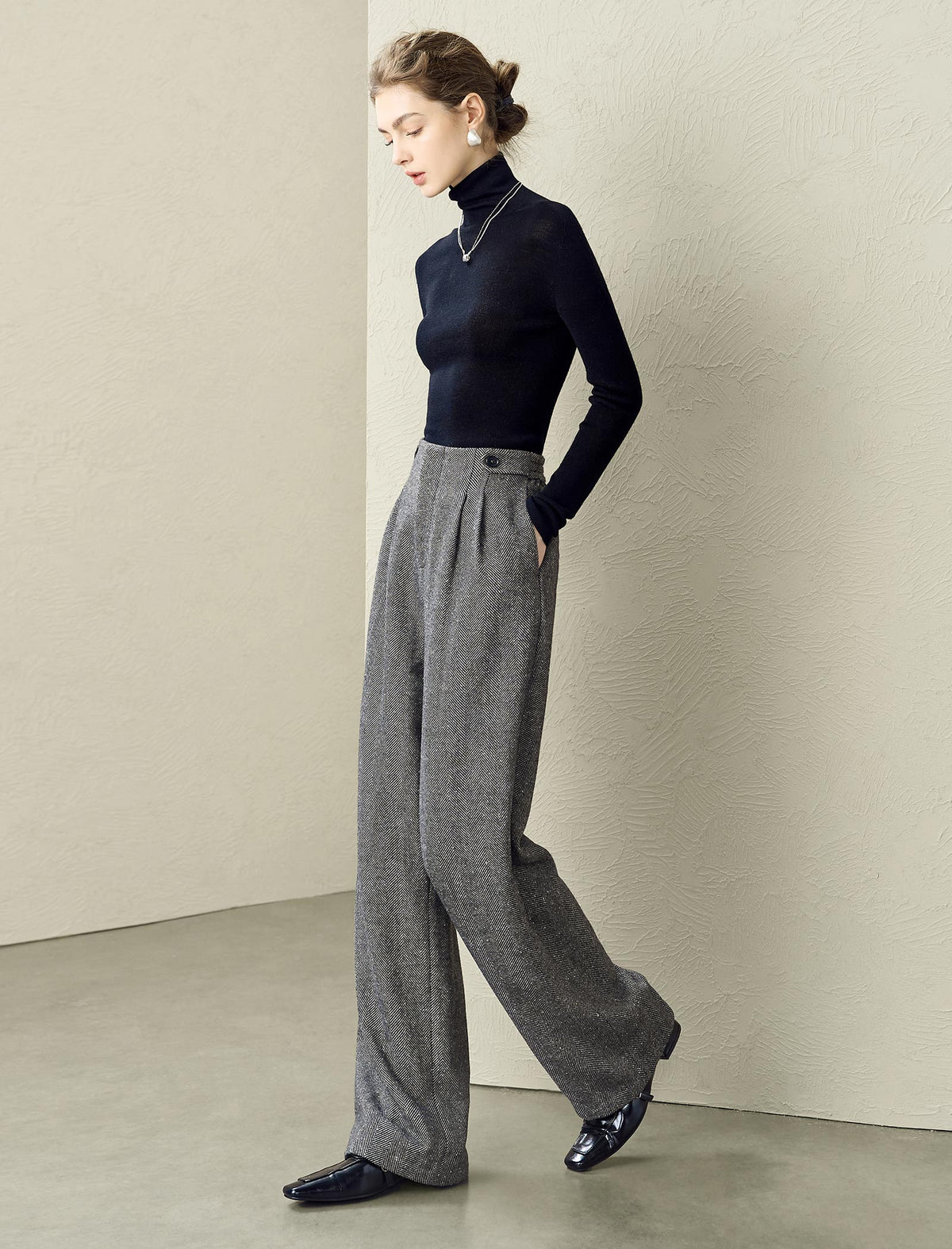 Herringbone Wool-Blend Wide-Leg Pants