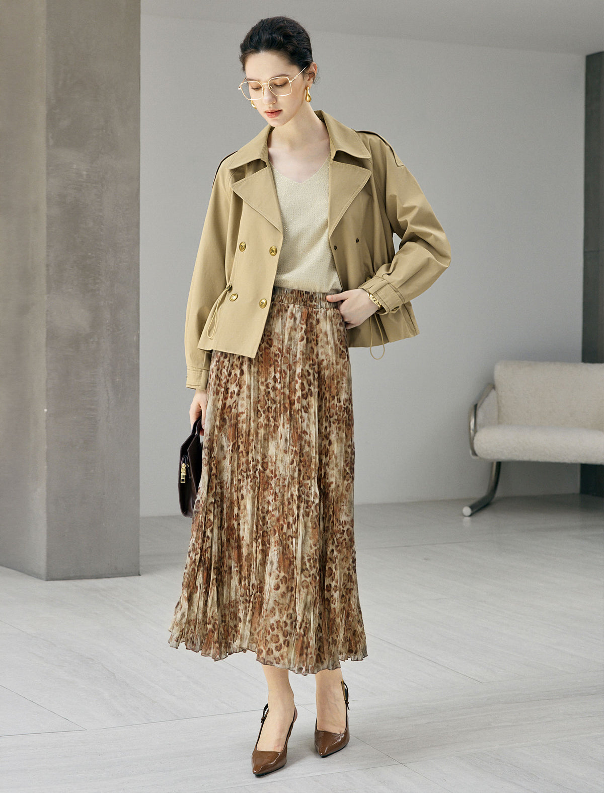 Abstract Print Pleated A-Line Midi Skirt