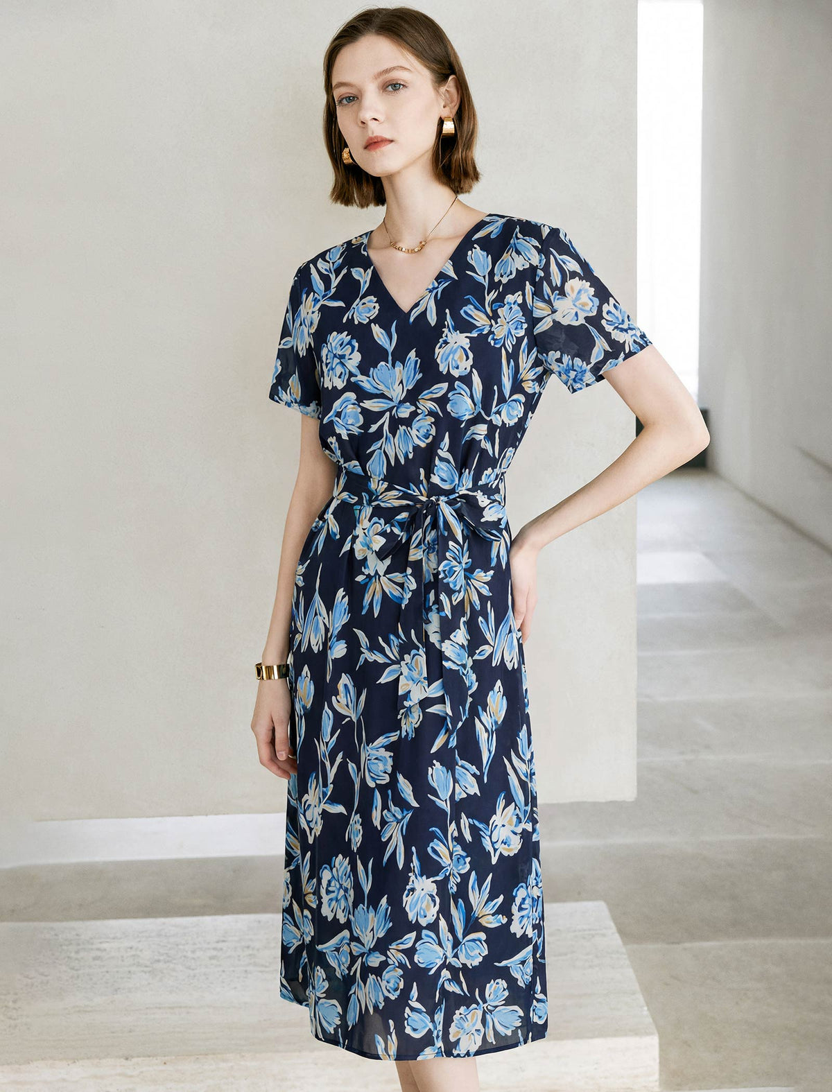 Dark Navy Mulberry Silk Floral Wrap Midi Dress