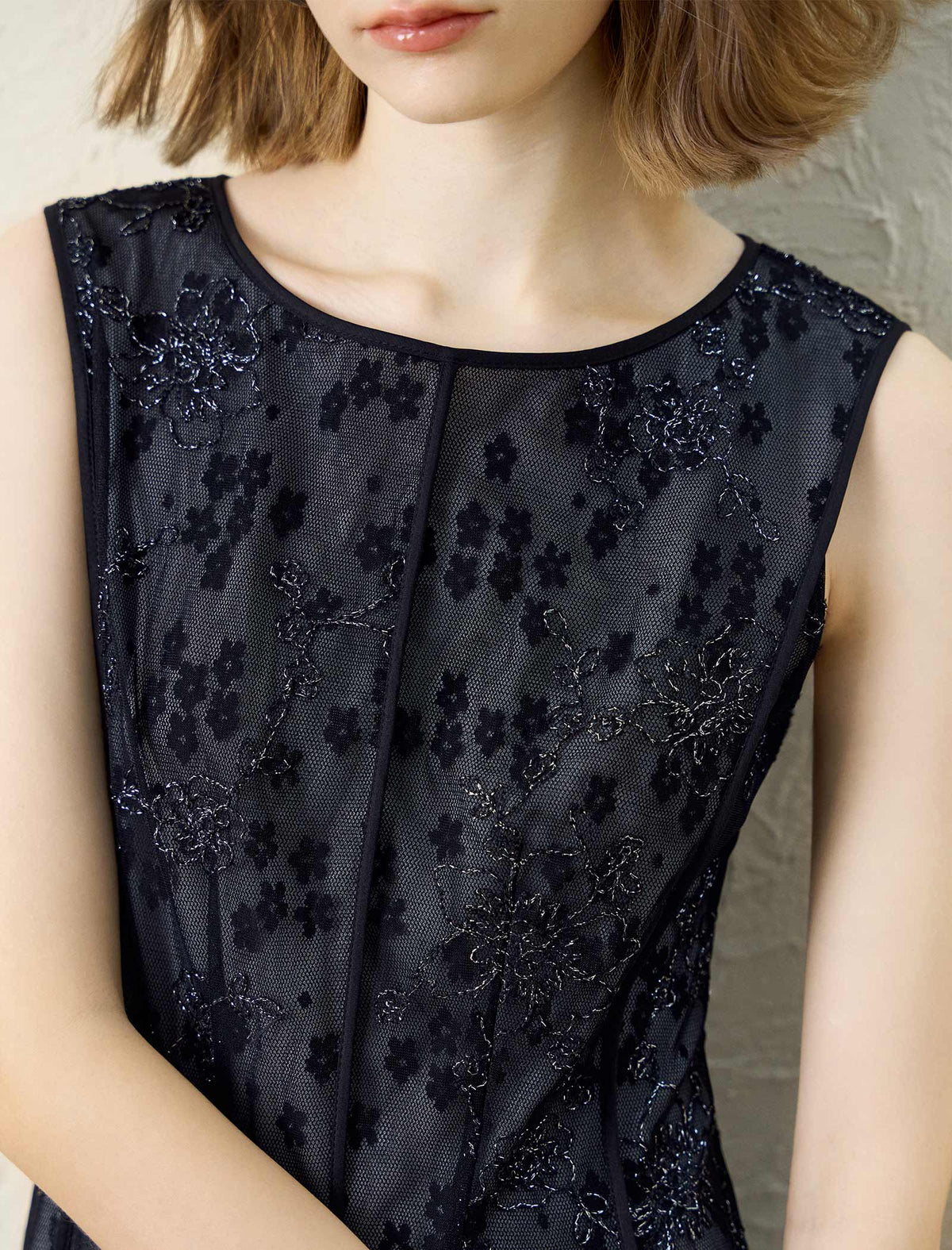 Black Floral Embroidered Mesh Midi Dress