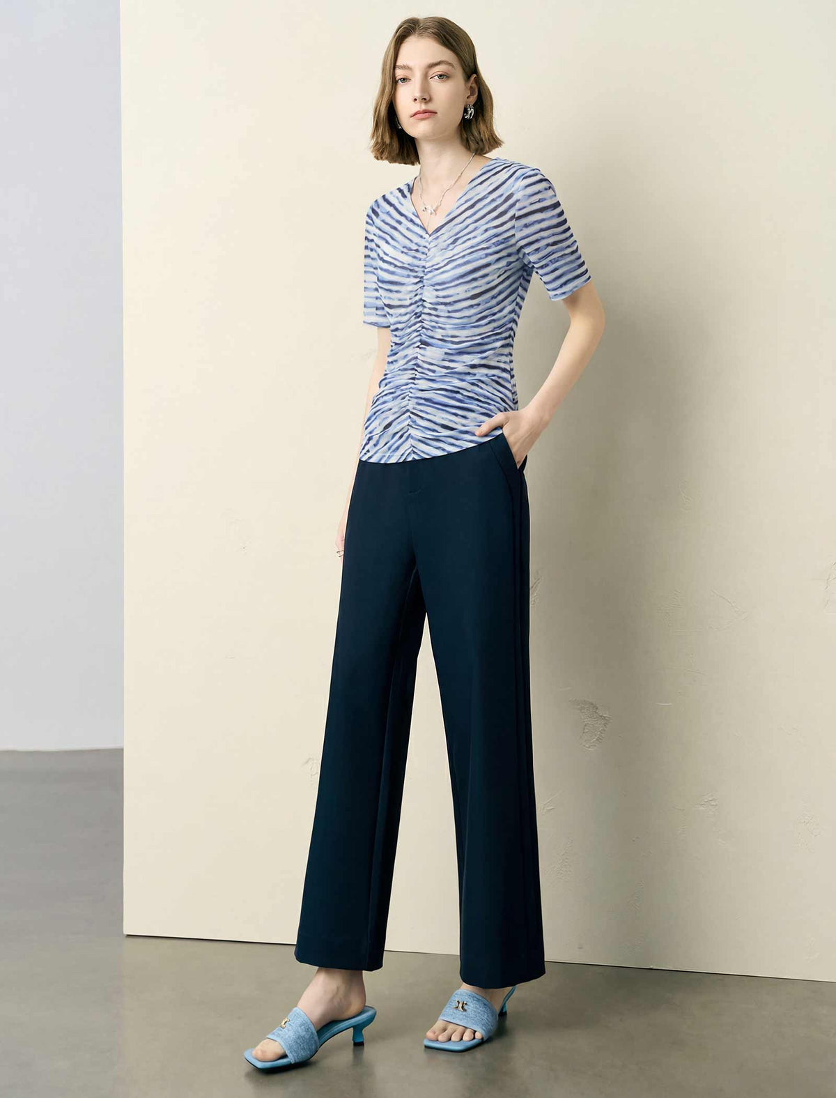 Striped Ruched Short‑Sleeve Top