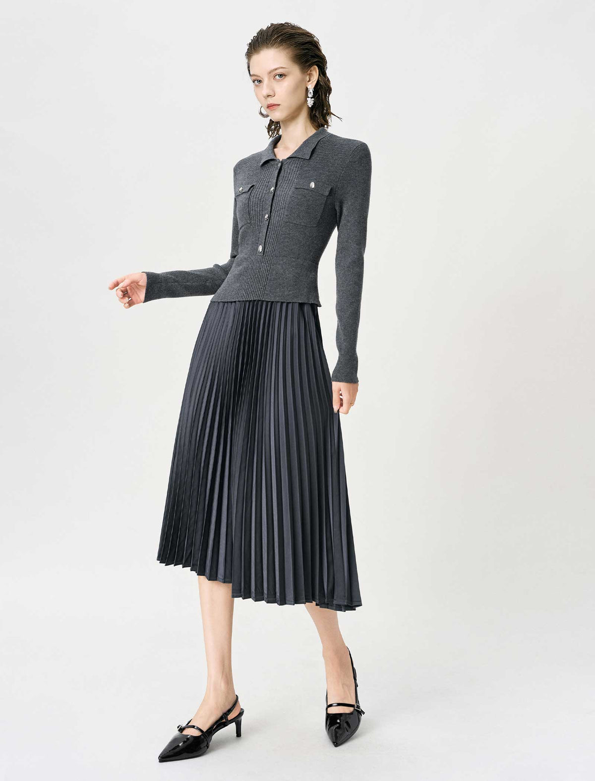 Wool-Blend Knit And Pleated Midi Dress