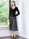 Black Scalloped-Neck Long-Sleeve Button-Front Knit Top