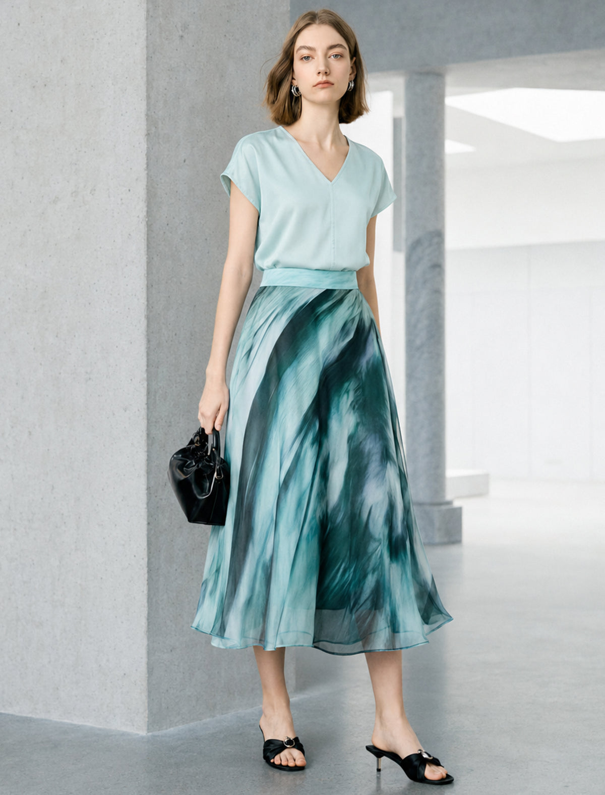 Green Blue Watercolor Print Chiffon Midi Skirt
