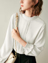 Ruffled Mock Neck Pleated Front Blouse